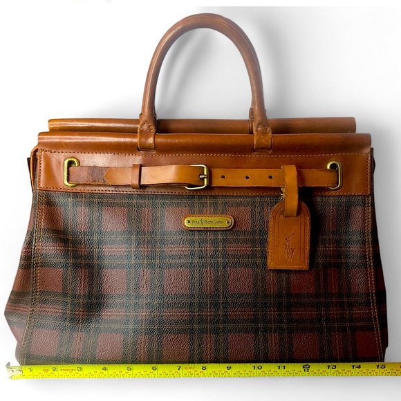 RALPH LAUREN Tartan Plaid Brown Green Doctors Bag Boston Weekend Travel Suitcase - Picture 14 of 17